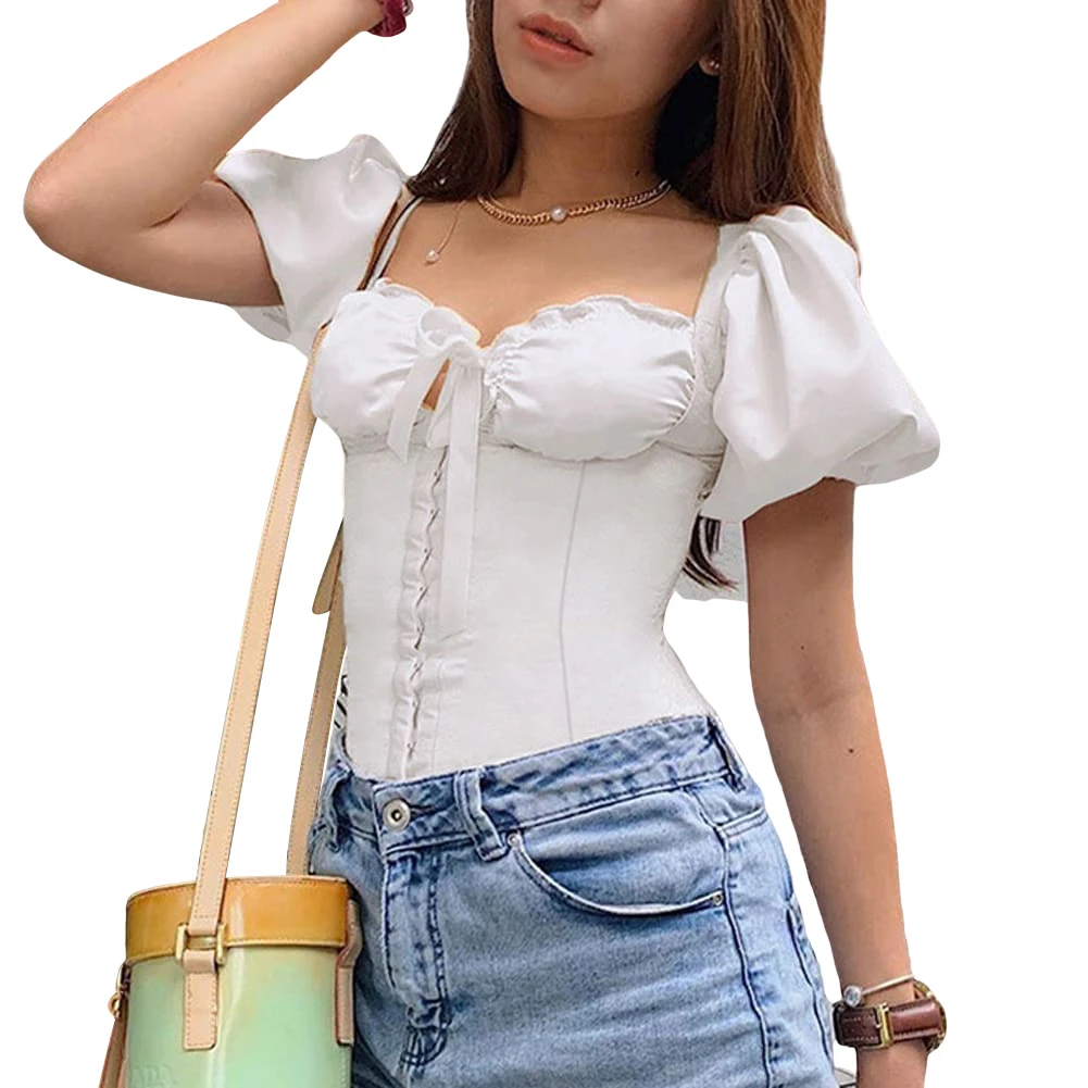 

New Arrival Women Crop Top Black White Crops Tops Pullover Casual Clubwear Puff Sleeve T-shirts Womens Clothing Tank Top