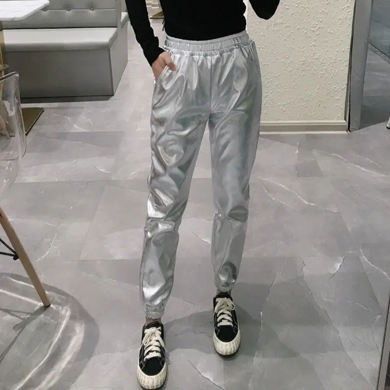 Женские штаны с металлической блестящей фольгой повседневные всесезонные