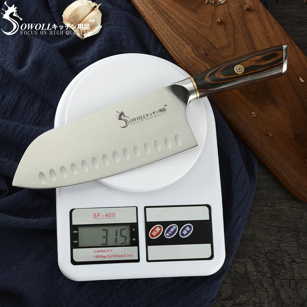 

Sowoll Kitchen Chef Knife High Carbon Steel 7 Inch Santoku Cleaver Chopping Knife Vegetable Meat Beef Cooking Knife Wood Handle
