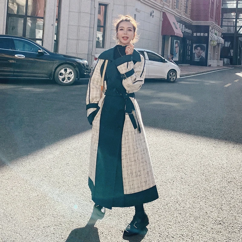 

Новинка 2021, весенний женский модный Тренч контрастного цвета, Повседневная Свободная Длинная ветровка в клетку, верхняя одежда