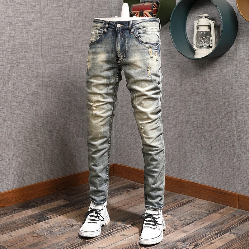 

European Vintage Fashion Men Jeans Retro Yellow Distressed Wash Elastic Slim Fit Ripped Jeans Men Designer Casual Denim Pants
