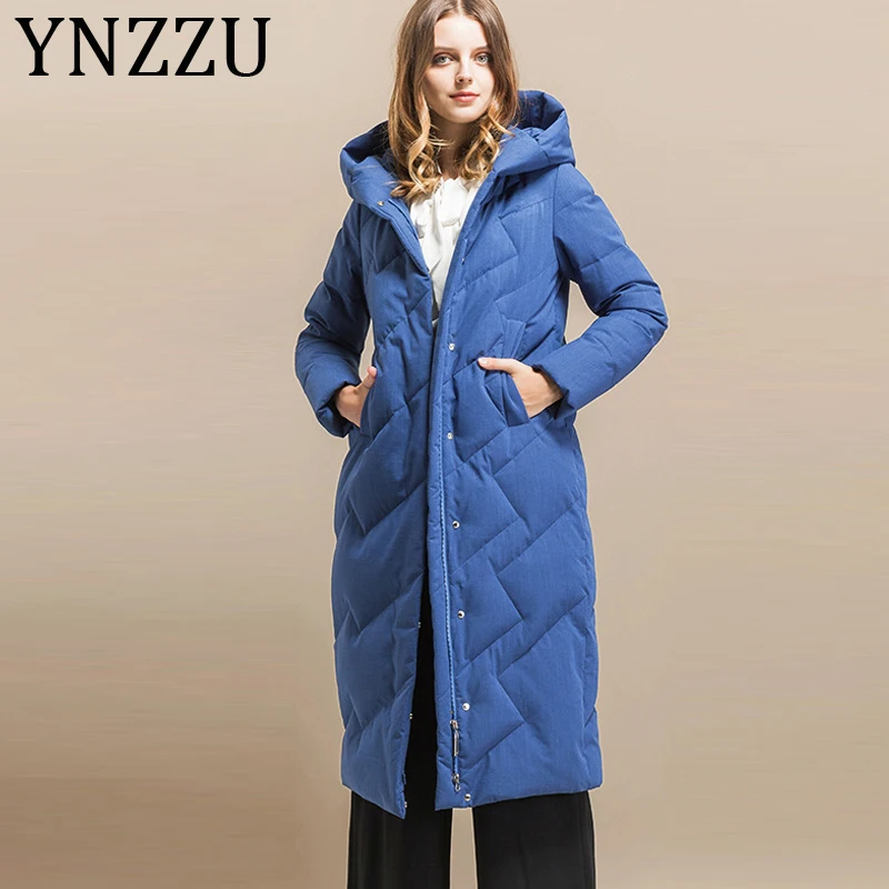 YNZZU Высококачественная элегантная Офисная Женская куртка на 90% белом утином пуху женское винтажное плотное длинное теплое зимнее пальто с капюшоном A1245