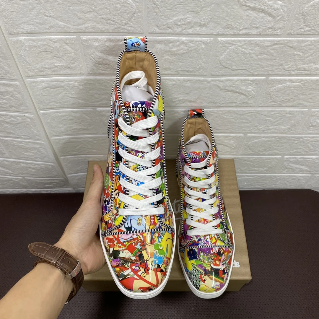 

Men High Top Luxury Shoes Cow Leather Original Quality Red Bottom Spikes Flat Brand Shoes With Box