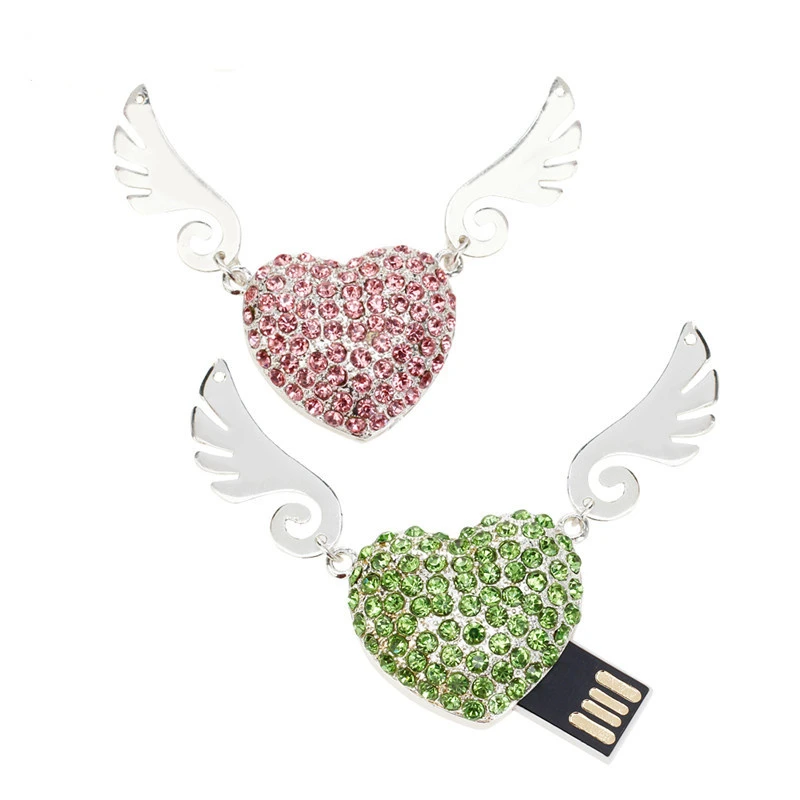 

usb flash drive 64gb Angel Wing Heart metal pendrive 16gb 8gb precious stones Pen drive 32gb u disk 128gb free print lovers name