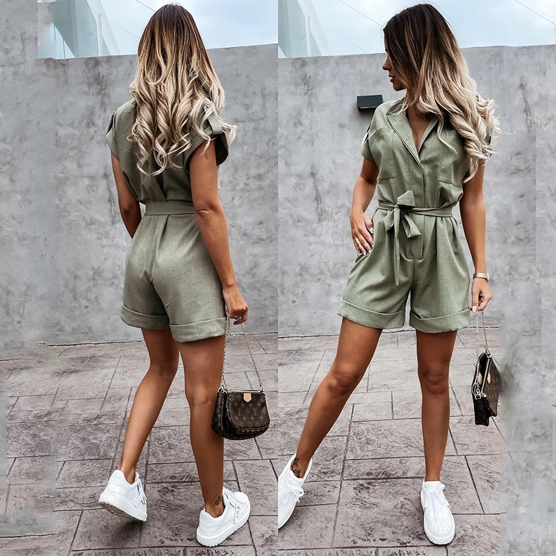 

Summer Sashes Women Rompers Playsuit With Belt Casual Buttons Rompers Womens Short Sleeve Jumpsuits Fashion 2021 Shorts Playsuit