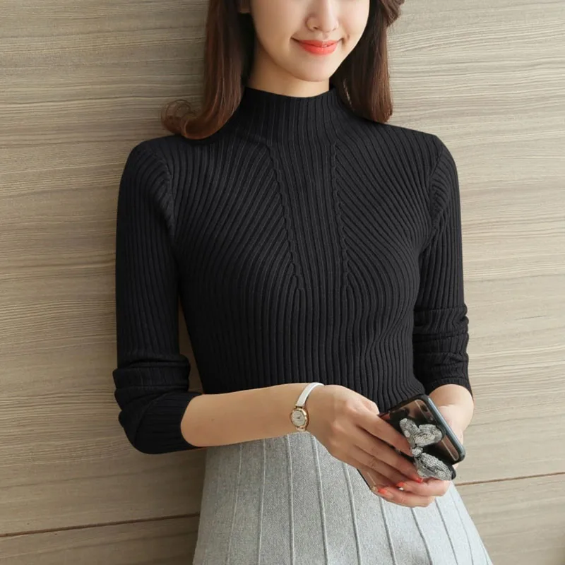 

Fashion Solid White and Black Tops Sweaters 2021 Winter Long Sleeve Turtleneck Pullovers Womens Sweaters Femme Clothing 5218