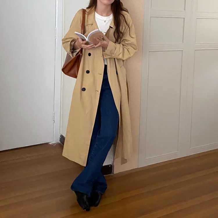 

Temperament Medium Long Trench With Blet Turn Dwon Collar Long Sleeve Solid Color Outerwear Female Fashion Elegant Coat Autumn