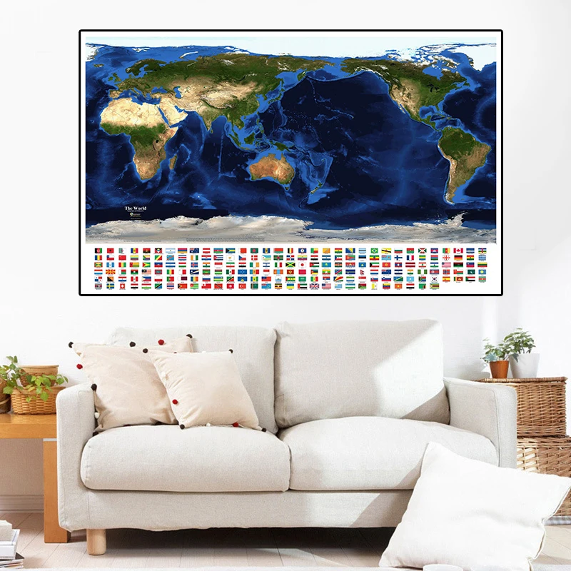 

150*100 cm The World Satellite Map With National Flags Non-woven Canvas painting Wall Art Poster Living Room Home Decoration