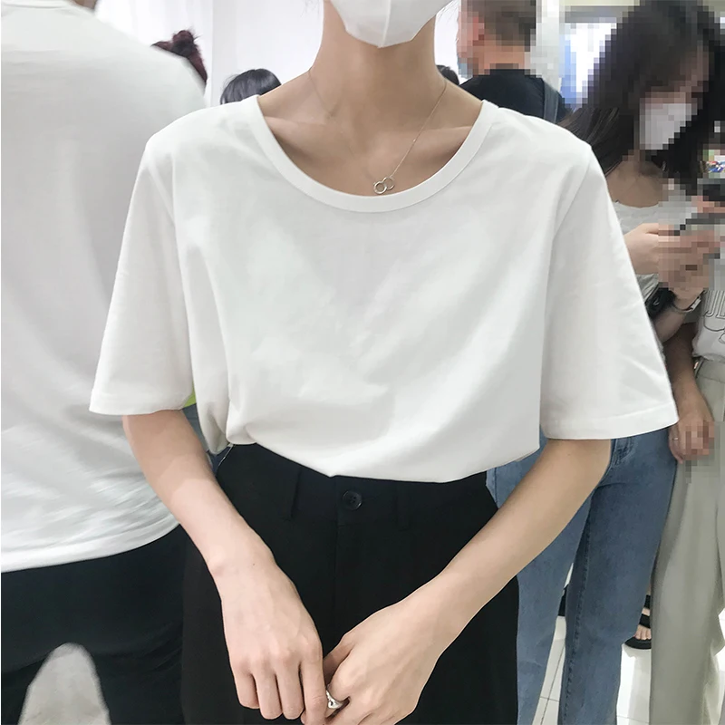 

Новинка 2021, летняя Модная белая футболка в Корейском стиле, Женский базовый топ с коротким рукавом, универсальные свободные пуловеры, повсе...