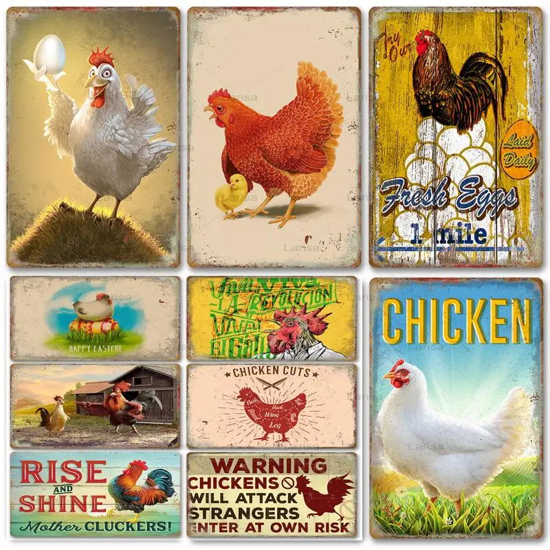 

Chicken Tin Signs Vintage Metal Poster Vintage Farmhouse Farm Wall Art Decoration Rooster Eggs Retro Metal Plaque Wall Sticker