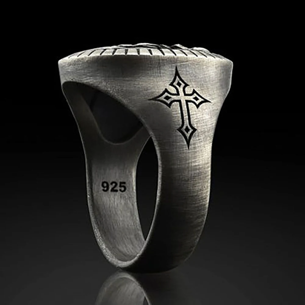 

Explosive style men's jesus oxidized ancient silver ring oval christian religious ring men's ring