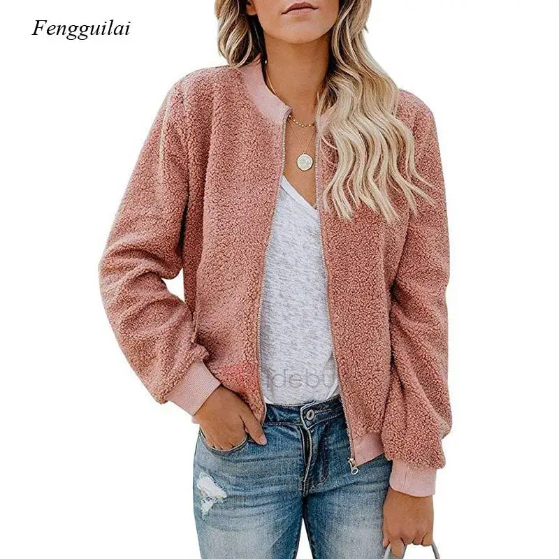 

Осенне-зимнее однотонное женское флисовое повседневное Свободное пальто на молнии с карманами и длинными рукавами модное пальто со змеины...