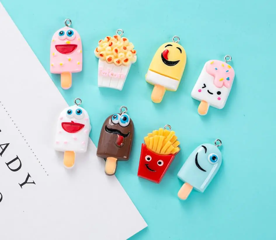 

kawaii resin Flat back resin Ice cream fries popcorn necklace charms cute keychain pendant necklace for DIY decoration