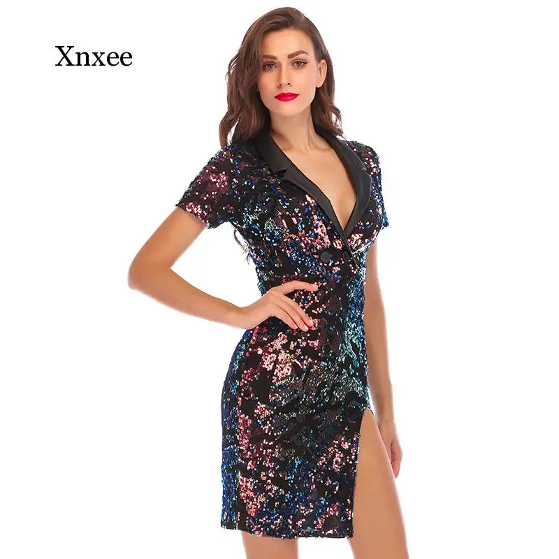 

Fashion Sexy Sequin Deep V Neck Summer Dress Women Vestidos Notched Colorful Bling Luxury Nightclub Womens Party Dresses Clothes
