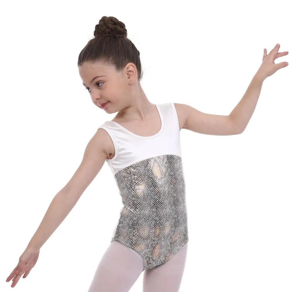 Детский трико для ритмической гимнастики девочек белый и серый цвет