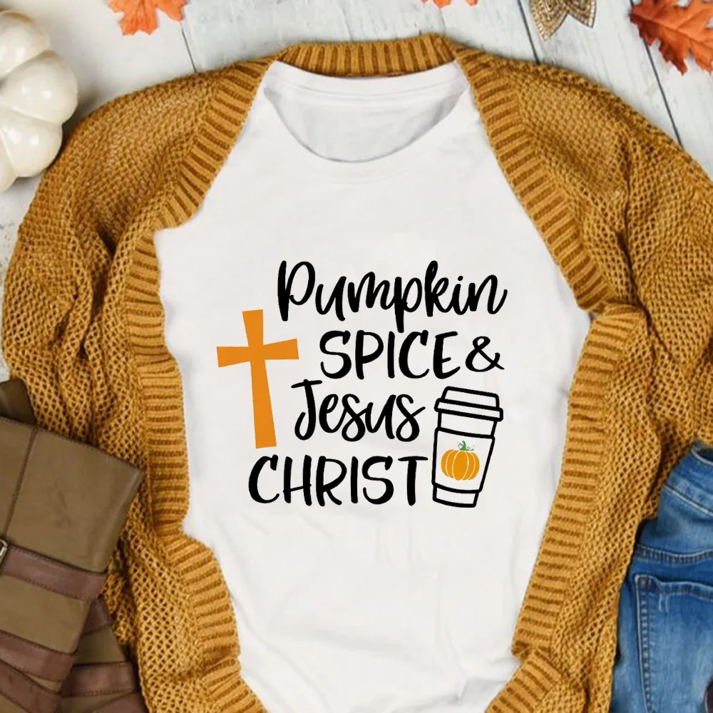 2021 Halloween Pumpkin Spice Jesus Christ Print Women T-shirt Coffee Cross Graphic Tees Christian Harajuku Short Sleeve T Shirts | Женская