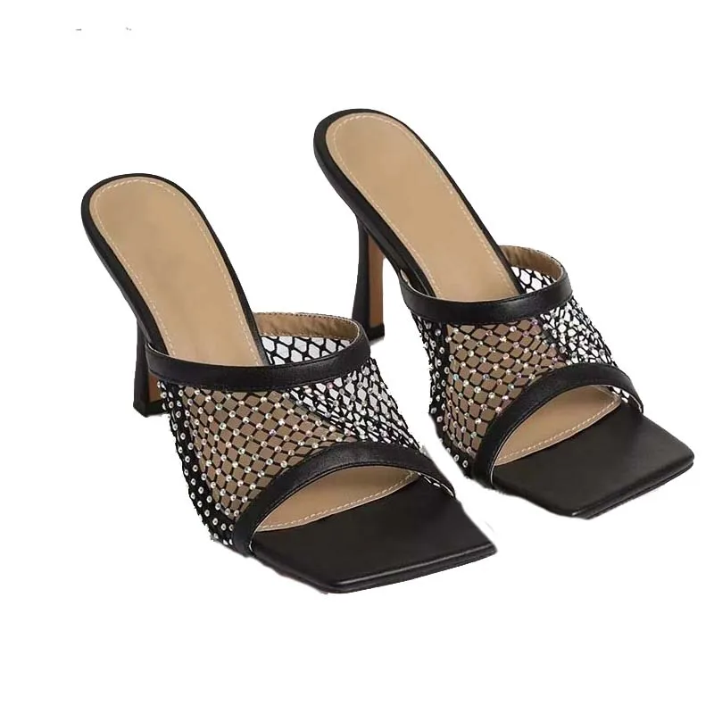 

Square Toe Sandals Slippers Women Summer New Crystal Mesh Women Sandals High Heel Party Wedding Women Slippers Women Shoes 42