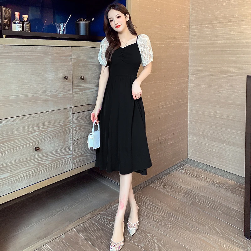 

COIGARSAM Patchwork Women one-piece dress korean New Summer Lace High Waist Dresses Black 5112