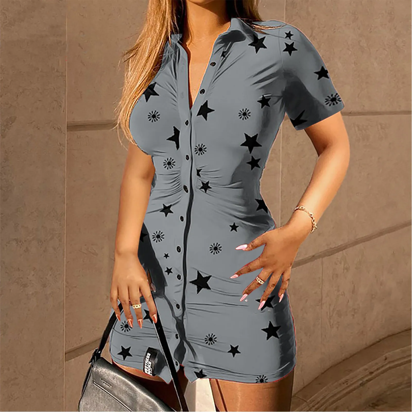 

Top Selling Fashion Women Casual Slim Short Sleeve Cardigan Printing Dress Support Wholesale And Dropshipping