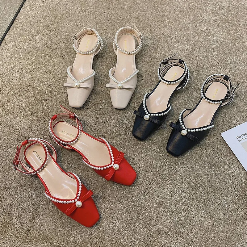 

Pearl Sandals 2021 Women's Med Ladies Shoes Summer Suit Female Beige High Heels New Fashion Medium Black Closed Retro High-heele