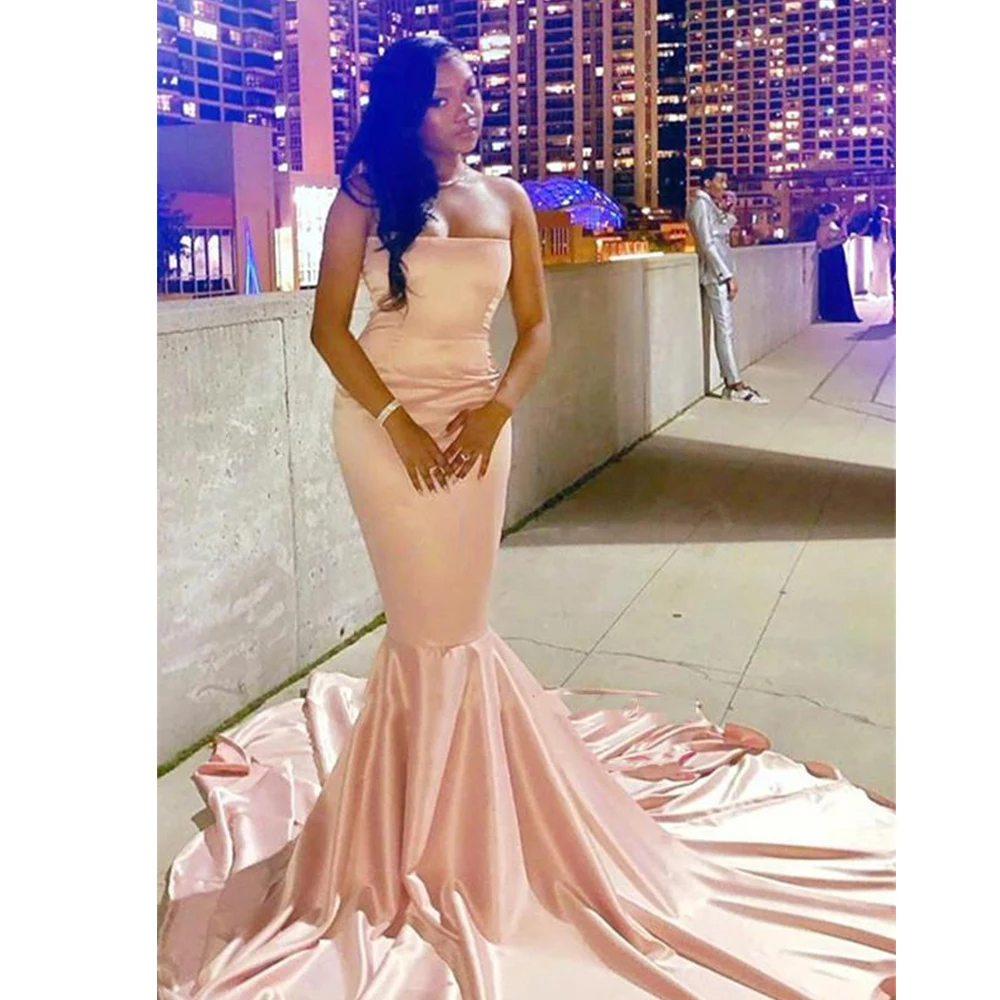 

Satin Mermaid Evening Dresses Long 2021 Women Square Collar Simple Pink Elegant Prom Gowns ​Sexy Custom Made vestido de fiesta