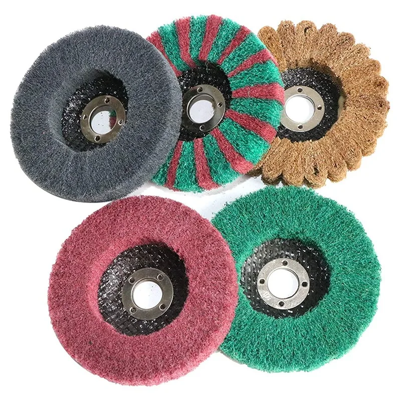 5Pcs 4inch x 5/8inch Nylon Fiber Buffing Wheel Kit Scouring Pad Flap Polishing Disc