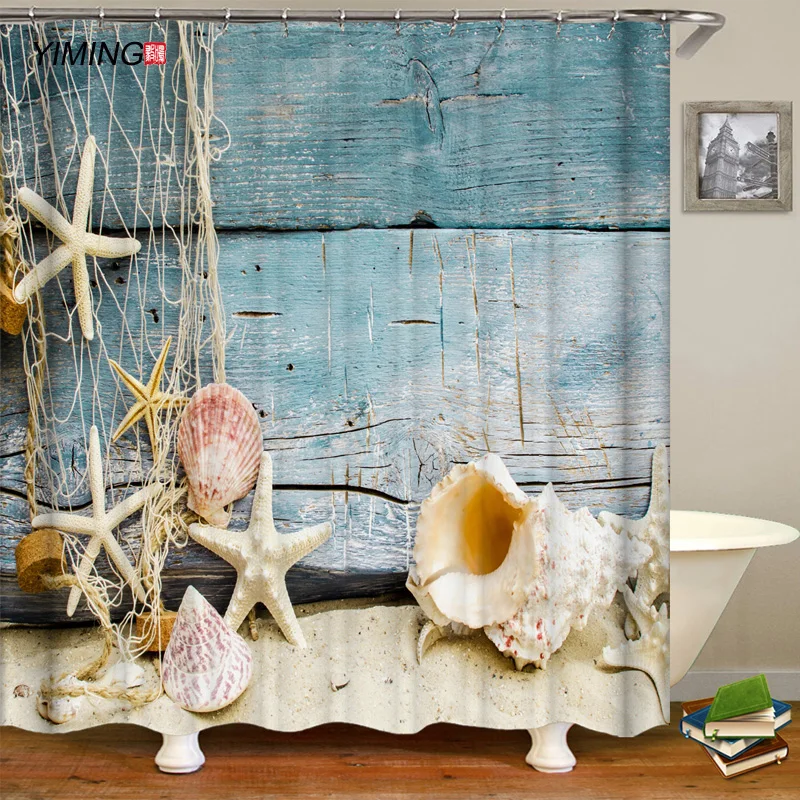 3D пляжные оконном проеме Пляжный Пейзаж печать занавеска для ванной из