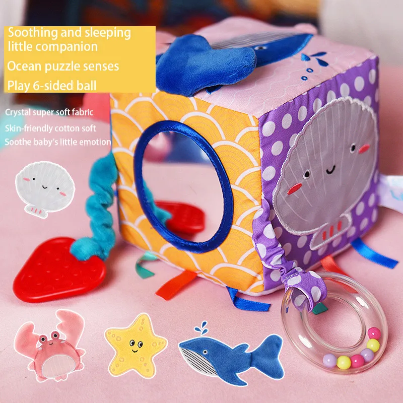 

0-12 Months 6 Sided Activity Cube Toy Soft Baby Plush Rattles Mobiles Toys Crib Stroller Hanging Toys Teether Distorting Mirror