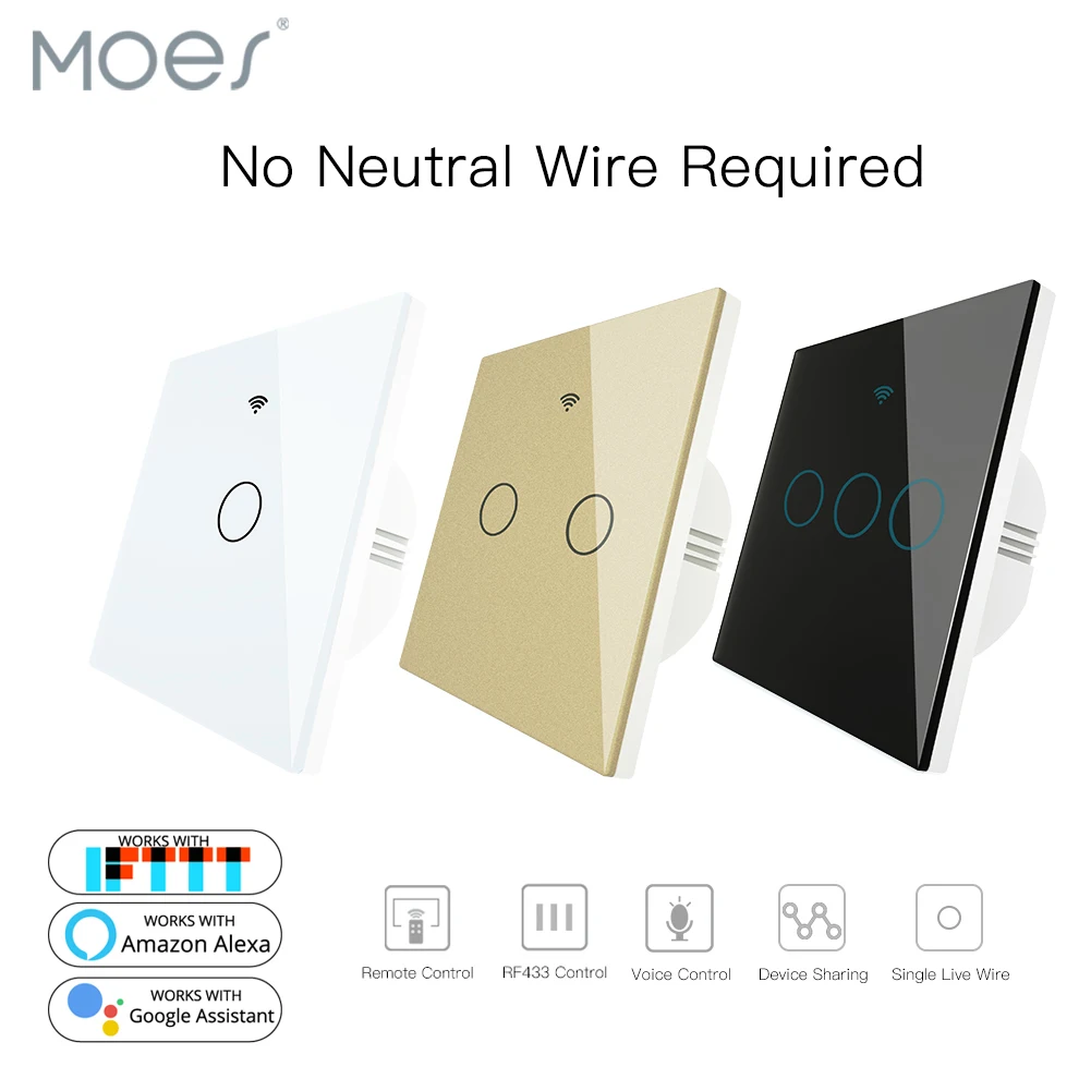

WiFi Smart Wall Switch No Neutral Wire Needed Wireless Smart Life Tuya Remote Control Single Fire Work with Alexa RF433
