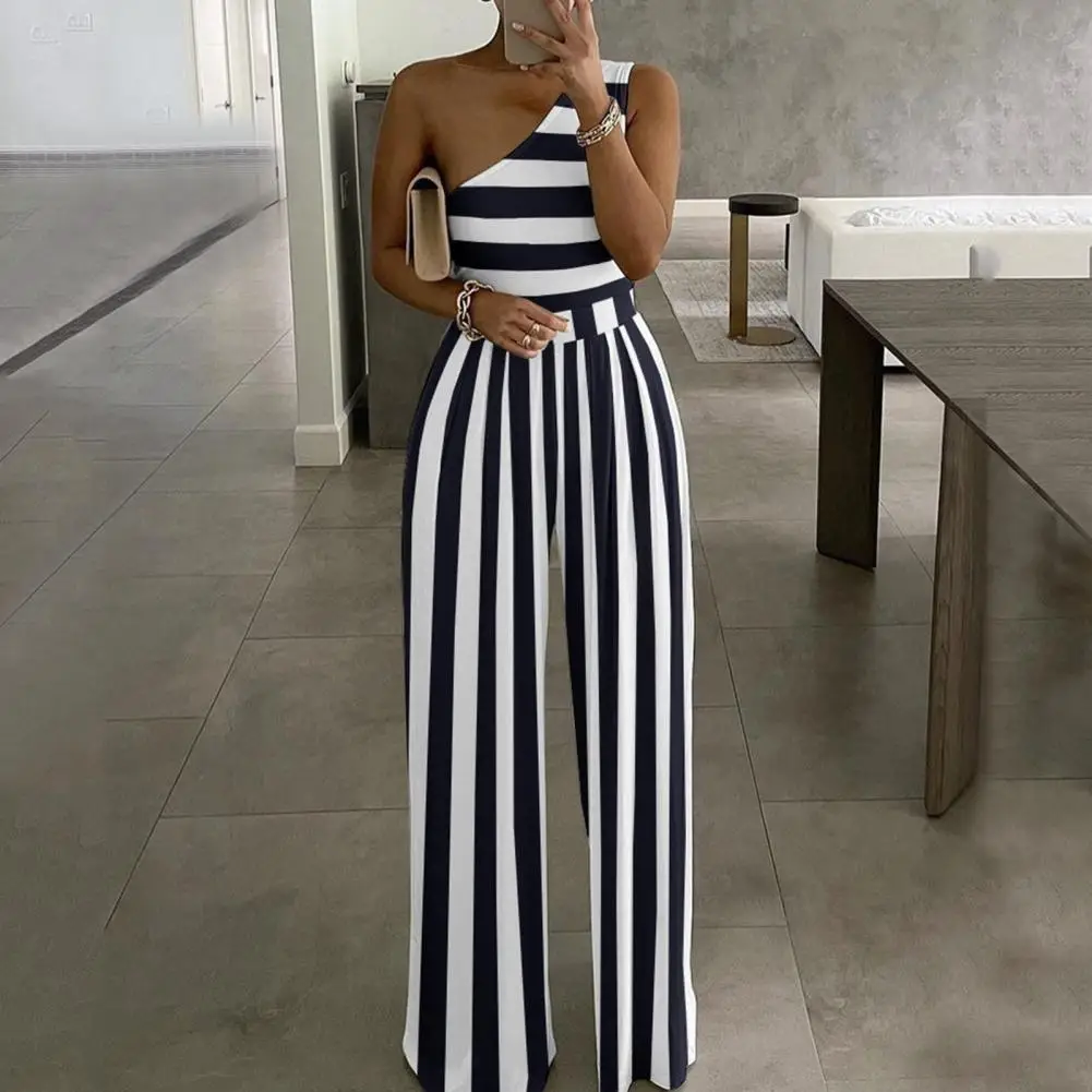 

2021 Summer Women Jumpsuit Vertical Stripes Print Single Shoulder Slash Neck Wide Leg Sleeveless Rompers Female Jumpsuits