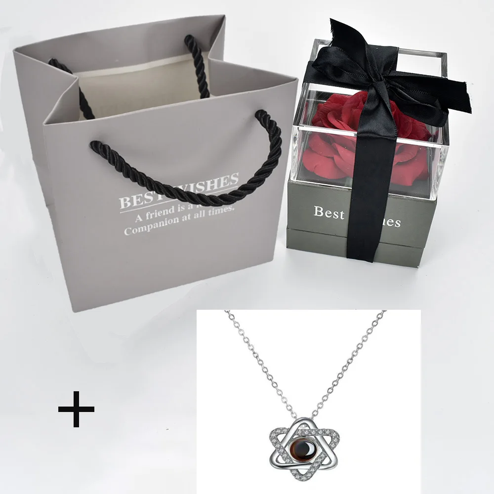 box with necklace 16 Unfade цветок Роза шкатулка с сюрпризом 100 языков я люблю тебя ожерелье необычный подарок для матери подруги - Цвет: box with necklace 16