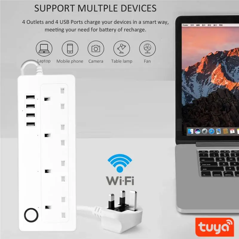 

New Tuya WiFi Smart Socket UK Plug With 4 USB Socket Voice Remote Control With Alexa Google Work With Smart Life Smart Home
