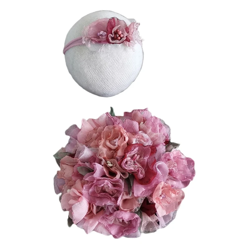 Accesorios de fotograf&iacute;a para reci&eacute;n nacidos, 2 uds., banda para el pelo para beb&eacute;, conjunto de coj&iacute;n redondo de flores, diadema, Kit de disfraz para sesi&oacute;n de fotos de beb&eacute;s-5
