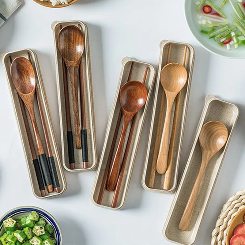 

3Pcs/Set Portable Wooden Cutlery SetsJapanese Style Tableware Nice Gift for Travel Spoon Fork Chopsticks Kitchen Supplies