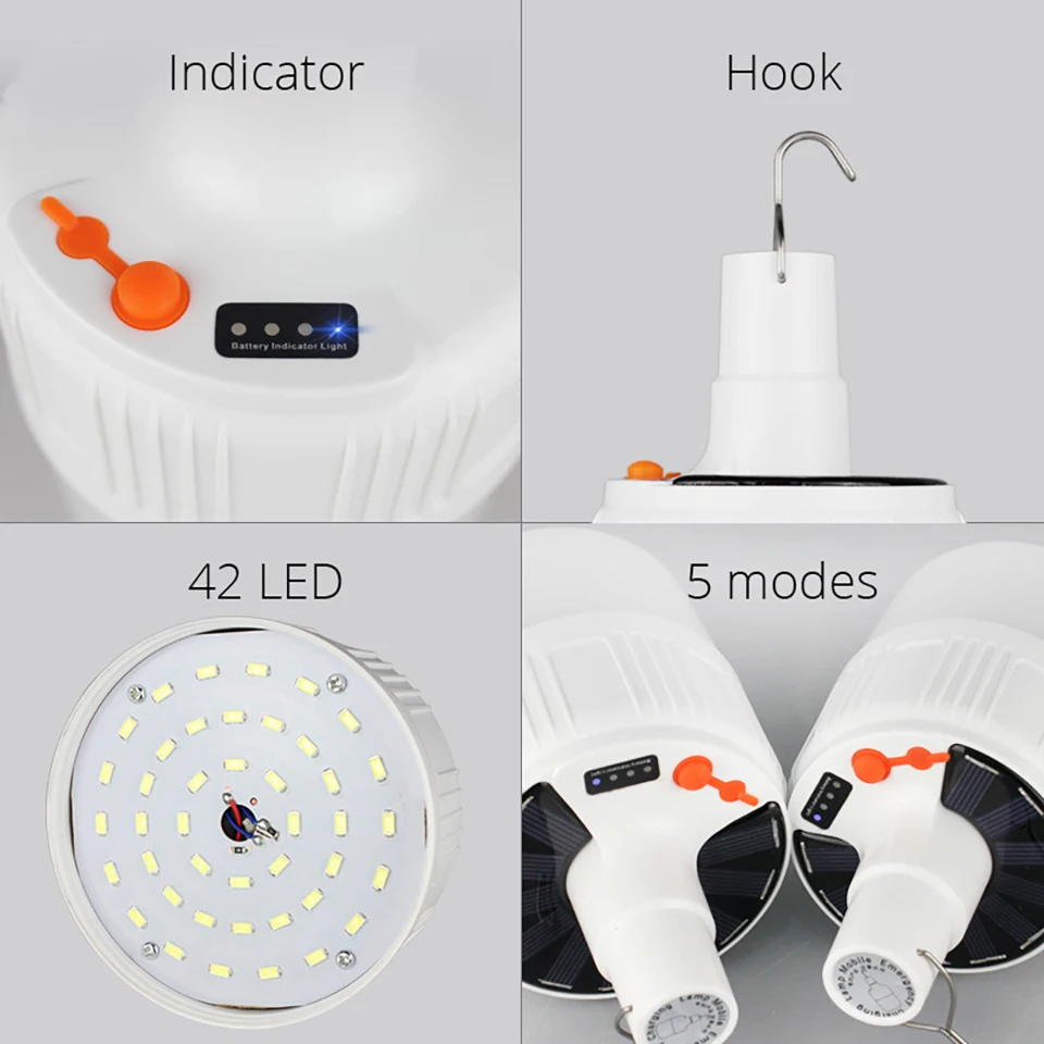 

Portable Camping led Light Bulb Rechargeable Emergency Lights LED Battery Tent Solar Outdoor Lantern Lighting for Patio Garden