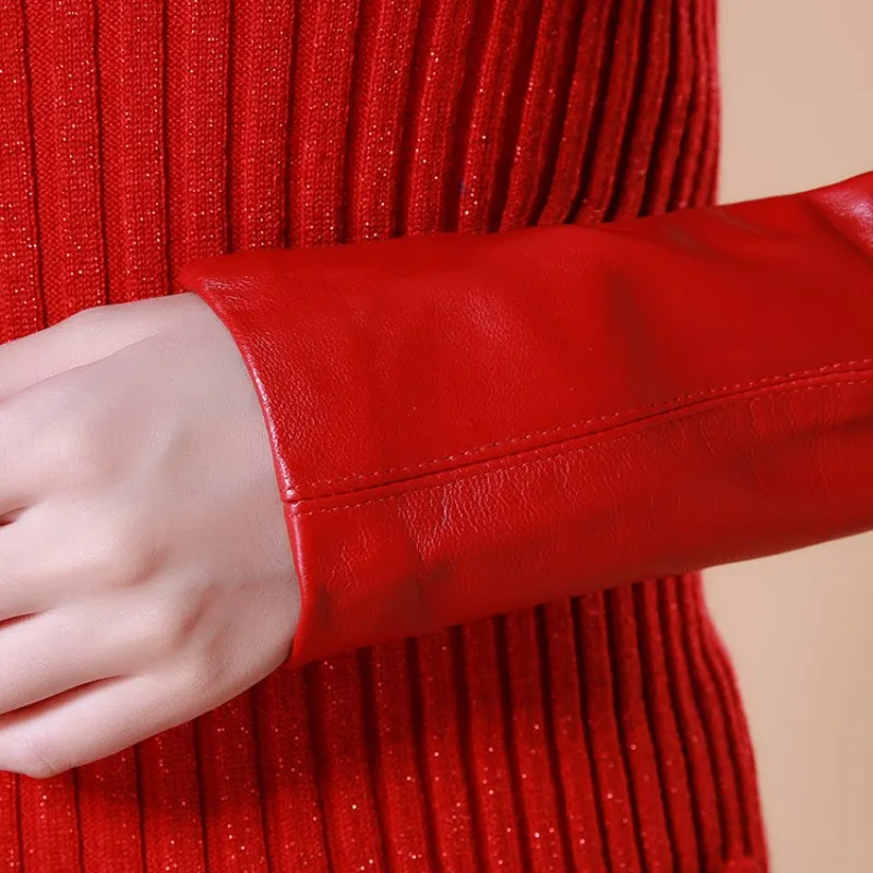 

Bodycon Women Winter Knitted Dress Turtleneck Genuine Leather Patchwork Long Sleeve Dresses Elastic Knitwear Wrap Slim Fit Dress