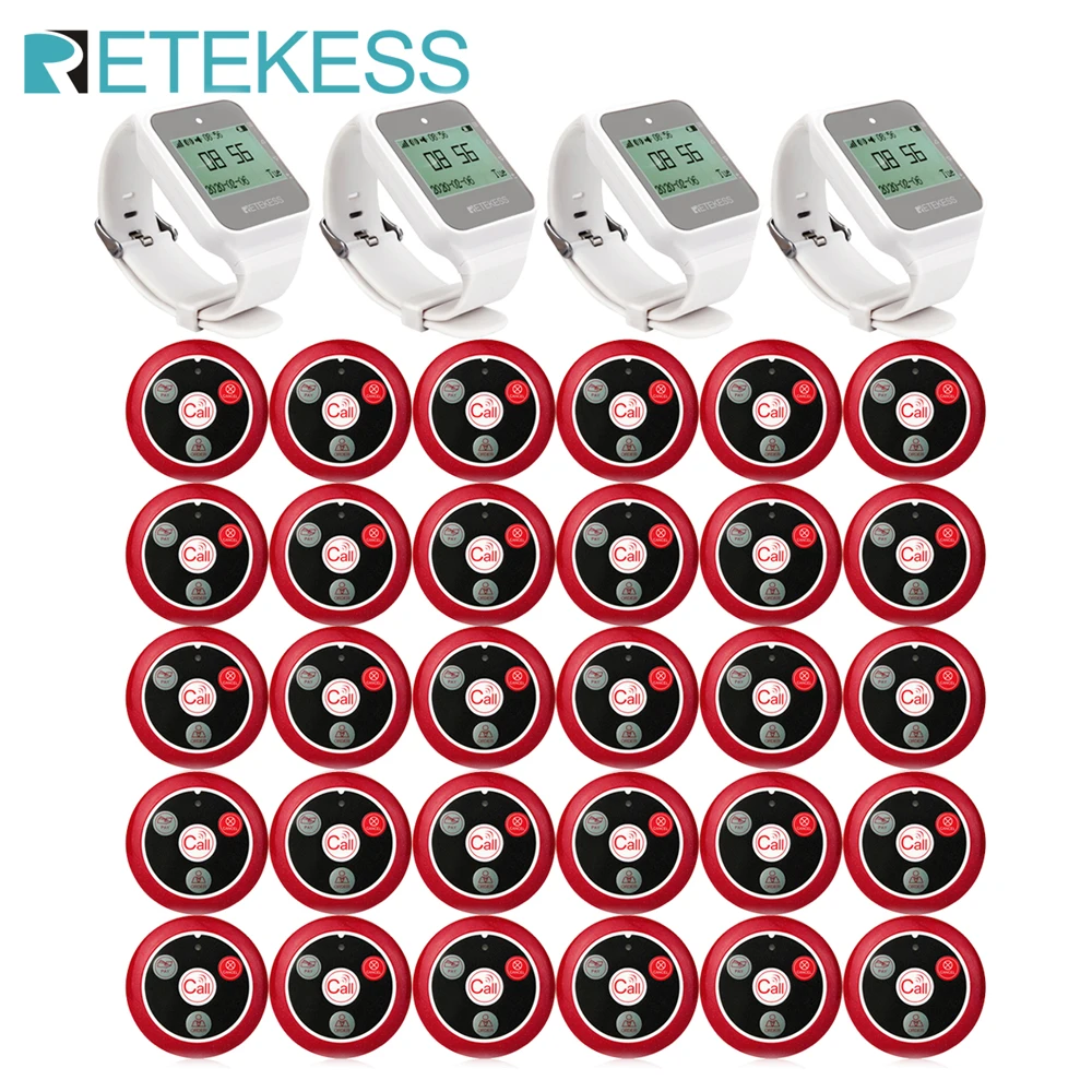 

Retekess 999CH Restaurant Pager 4pcs TD108 Watch Receiver+30 Call Button Transmitter Wireless Waiter Calling System Factory Cafe