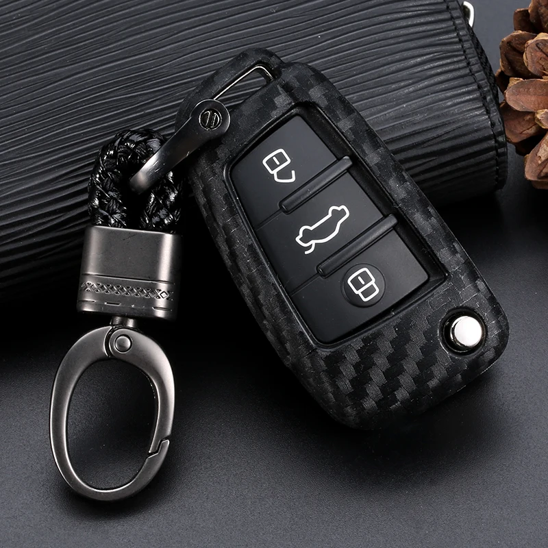

Carbon Fiber Pattern Silicone Key Protection Cases For Audi Sline A3 A5 Q3 Q5 A6 C5 C6 A4 B6 TT 80 S6 3 Buttons Flip Key