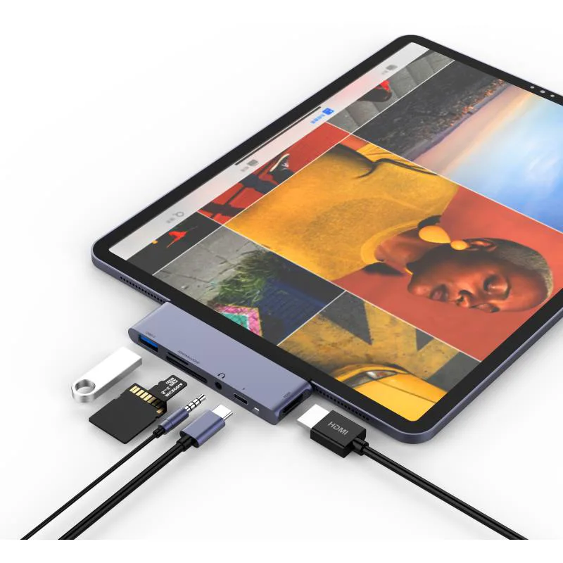 

USB C Hub for iPad Pro 2018, 6 in 1 Type-C Adapter with 4K HDMI, PD Charging, USB 3.0, 3.5mm Headphone Jack and SD/TF Card Reade