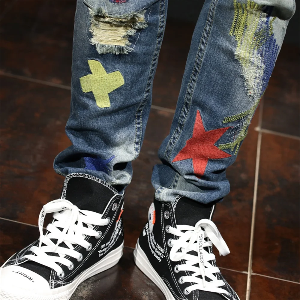 EH · MD®Рваные джинсы с надписью для мужчин мягкие повседневные свободные