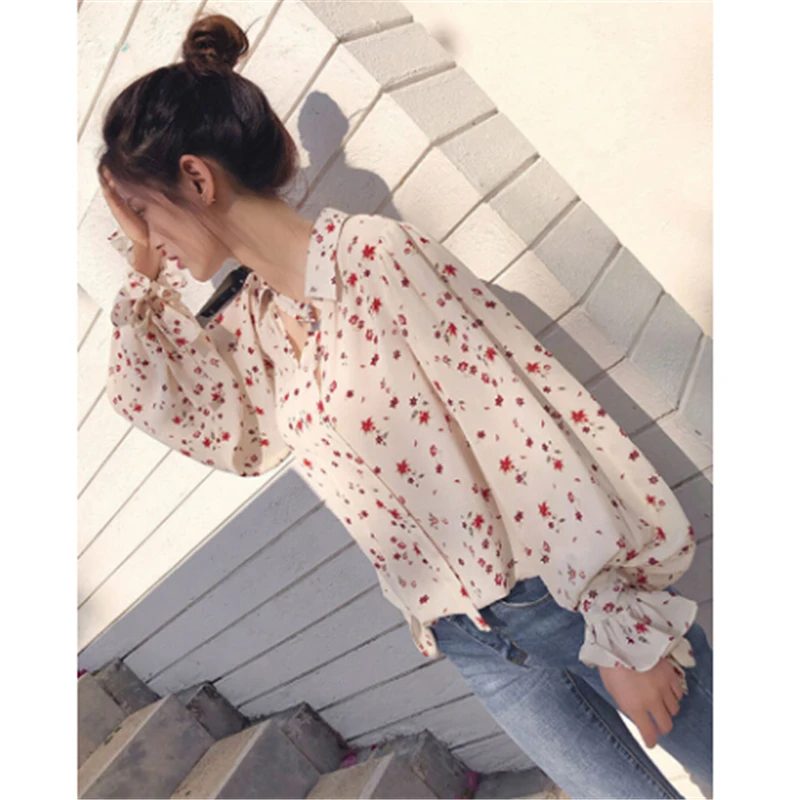 

Autumn Womens Tee Tulle Chiffon Long Sleeve Tops Bandeau Floral Lace Up Blouse Korean Style Elegant Chic turn down collar shirt
