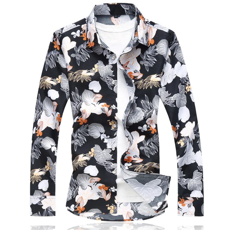 2021 Men Casual Shirt Long Sleeve Men's Floral Shirts Hawaii Casual Male Flower Print Beach Holiday Large Size 6XL 7XL