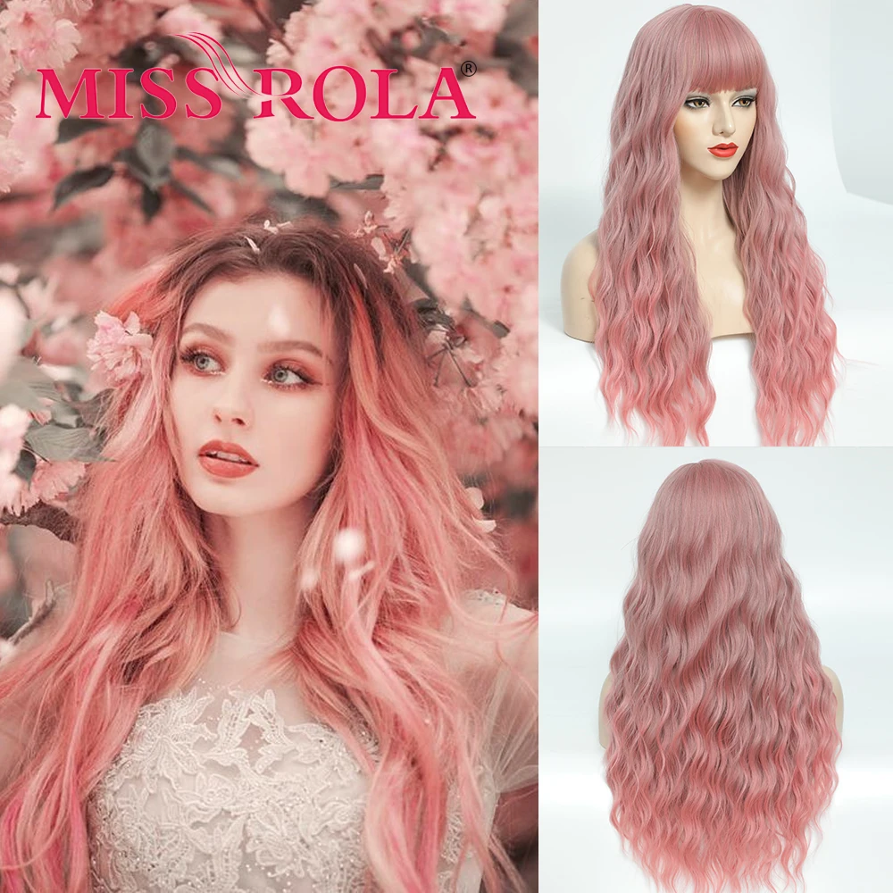 

MISS ROLA Pink Ombre Light Ash Brown Blonde Wavy Wig Cosplay Party Daily Synthetic Wig for Women High Density Temperature Fibre