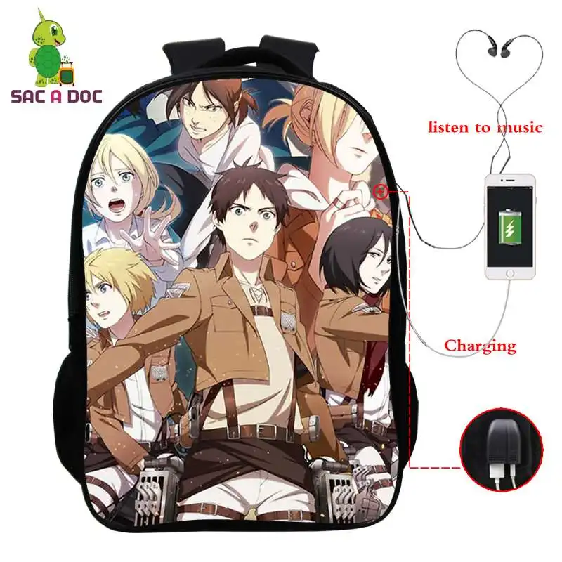 

Рюкзак с 3D-принтом из аниме «атака на Титанов», школьный ранец для мальчиков и девочек с USB для ноутбука, детский школьный портфель