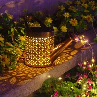 solar watering can lartern garden decorations outdoor shower waterproof lights hanging retro metal kettle lamp with bracket