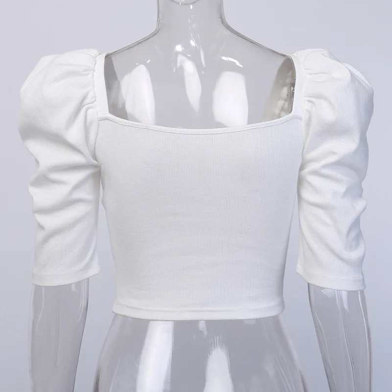 

2020 Puff Sleeve crop top Slash Neck Women's t-shirts White Half Sleeve Spring Autumn New Fashion Elastic Elegant Casual Shirts