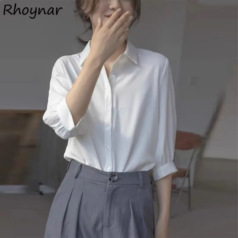

Shirts Women White Sum-proof Summer Thin Loose Basic All-match French Turn-down Collar Chiffon Fashion Students Office Work Lady