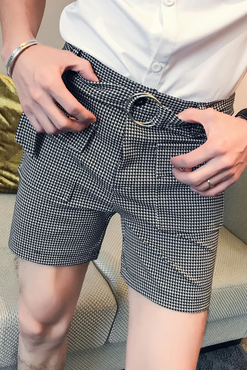 

Summer Korean Fashion Shorts Men Casual Slim Fit Plaid Pants Belt Decoration Streetwear Business Dress Shorts Men Clothing 2021