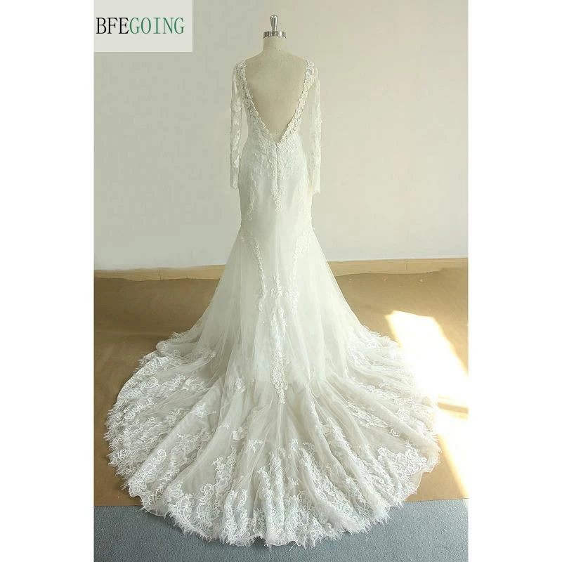 

Ivory Lace Appliques Long Sleeves Floor-length Mermaid / Trumpet Wedding dress Chapel Train Custom made