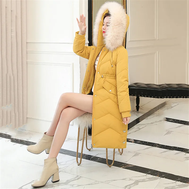 

Winter Coat Women Thick Down Cotton Jacket 2020 New Fashion Yellow Black Plus Size Loose Anti Cold Fur Collar Hooded Tops CX1352